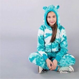Triple Flip Blue Tie-Dye Plush Onesie with Hood and Bear Ears